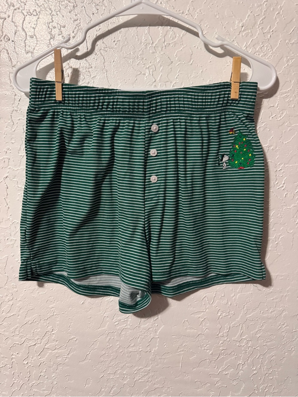 Snoopy Christmas Tree Green & White Embroidered Shorts